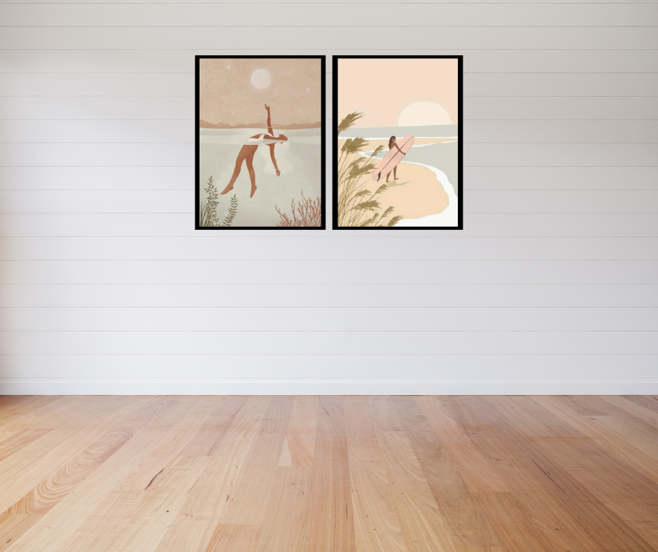 By the water high quality UV protected framed canvas prints | Beige and neutrals | Set of 2 | 30 cm x 40 cm
