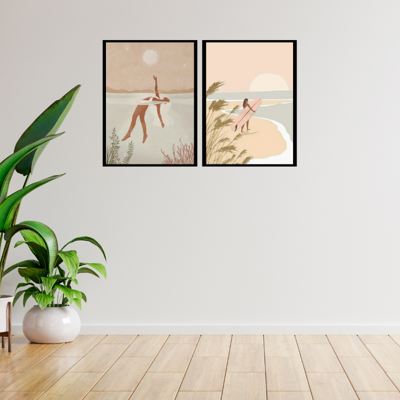 By the water high quality UV protected framed canvas prints | Beige and neutrals | Set of 2 | 30 cm x 40 cm
