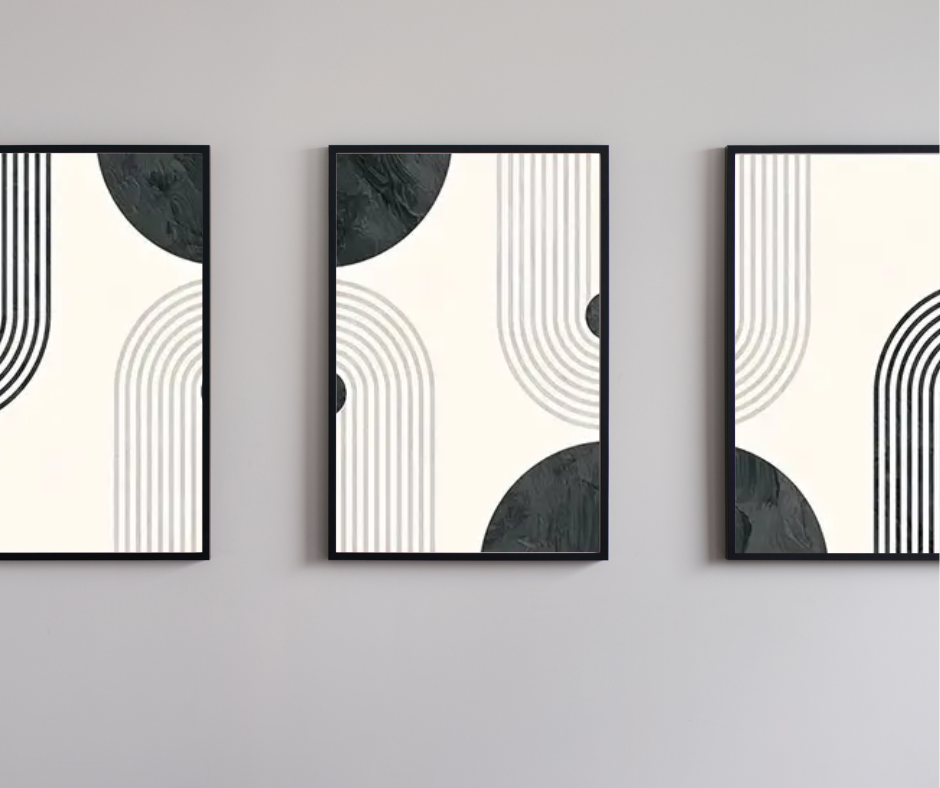 Abstract arches |  High quality UV protected framed canvas prints | Grey, cream, black | Set of 3 | Black frames 30 cm x 40 cm