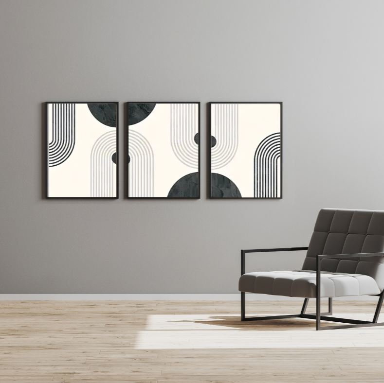 Abstract arches |  High quality UV protected framed canvas prints | Grey, cream, black | Set of 3 | Black frames 30 cm x 40 cm