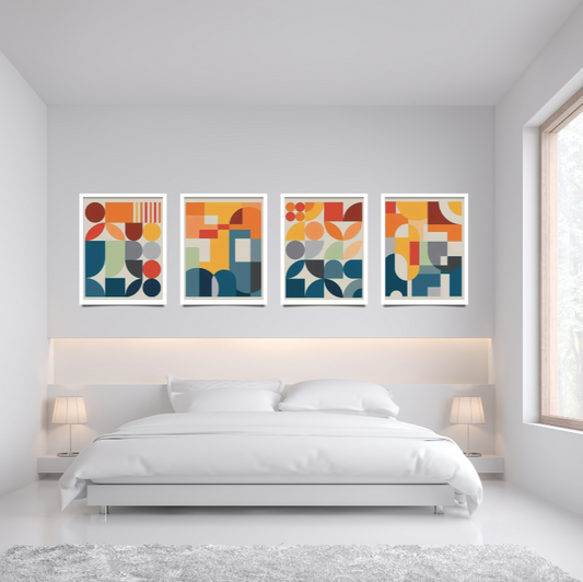 Abstract geometric shapes high quality UV protected framed canvas prints | Blue, red, green, orange | Set of 4 | 30 cm x 40 cm