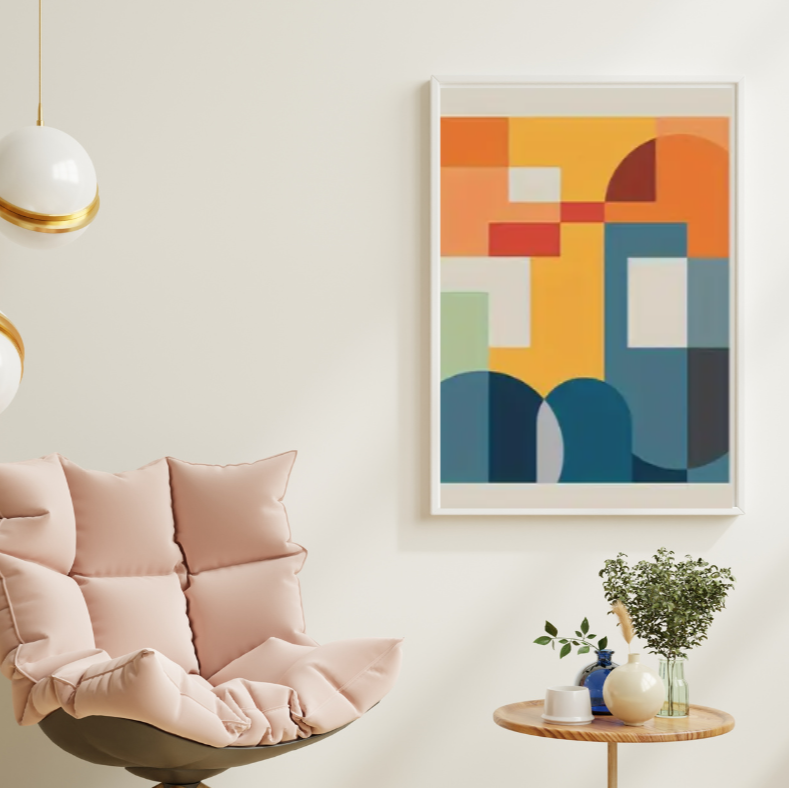 Abstract geometric shapes high quality UV protected framed canvas prints | Blue, red, green, orange | Set of 4 | 30 cm x 40 cm