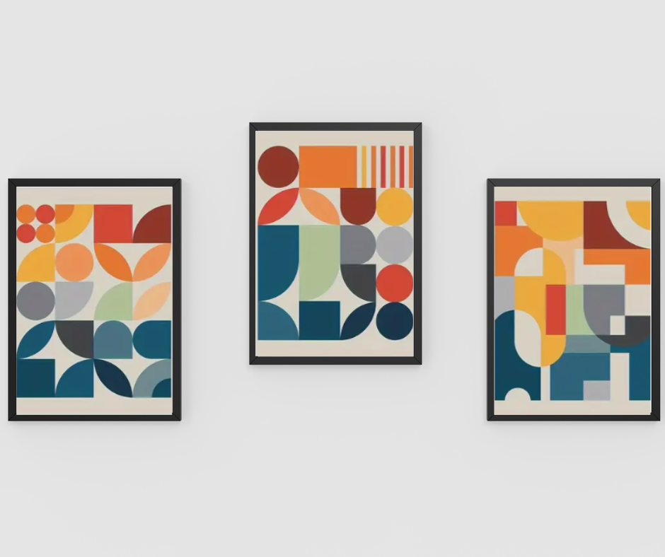 Abstract geometric shapes high quality UV protected framed canvas prints | Blue, red, green, orange | Set of 4 | 30 cm x 40 cm