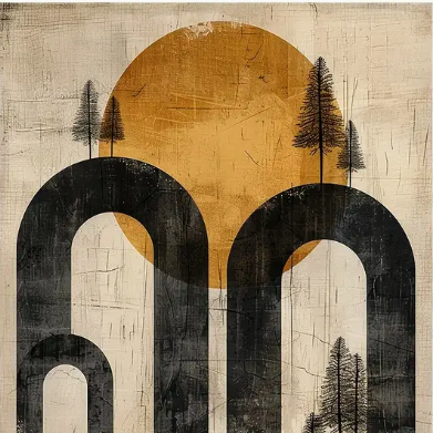 Abstract yellow sun |  High quality UV protected framed canvas print | black arches | black frame | 30 cm x 40 cm
