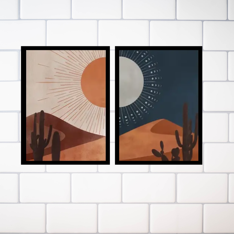 Desert day and night high quality UV protected framed canvas prints | Navy and cream | Set of 2 | 50 cm x 70 cm | LGE