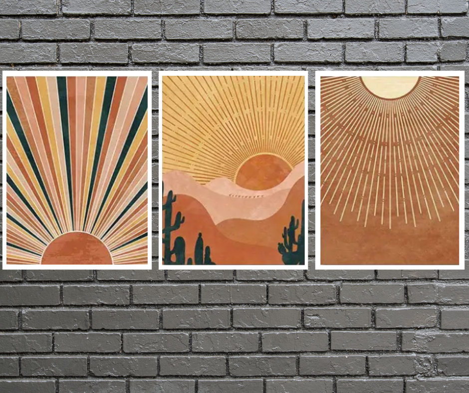 Boho stages of the sun |  High quality UV protected framed canvas print | Earth tones | Set of 3 | 30 cm x 40 cm