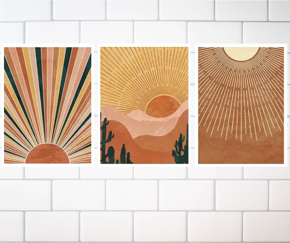Boho stages of the sun |  High quality UV protected framed canvas print | Earth tones | Set of 3 | 30 cm x 40 cm