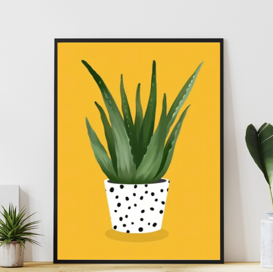 Art deco succulent |  High quality UV protected framed canvas print | Black and white pot | Yellow background | 30 cm x 40 cm