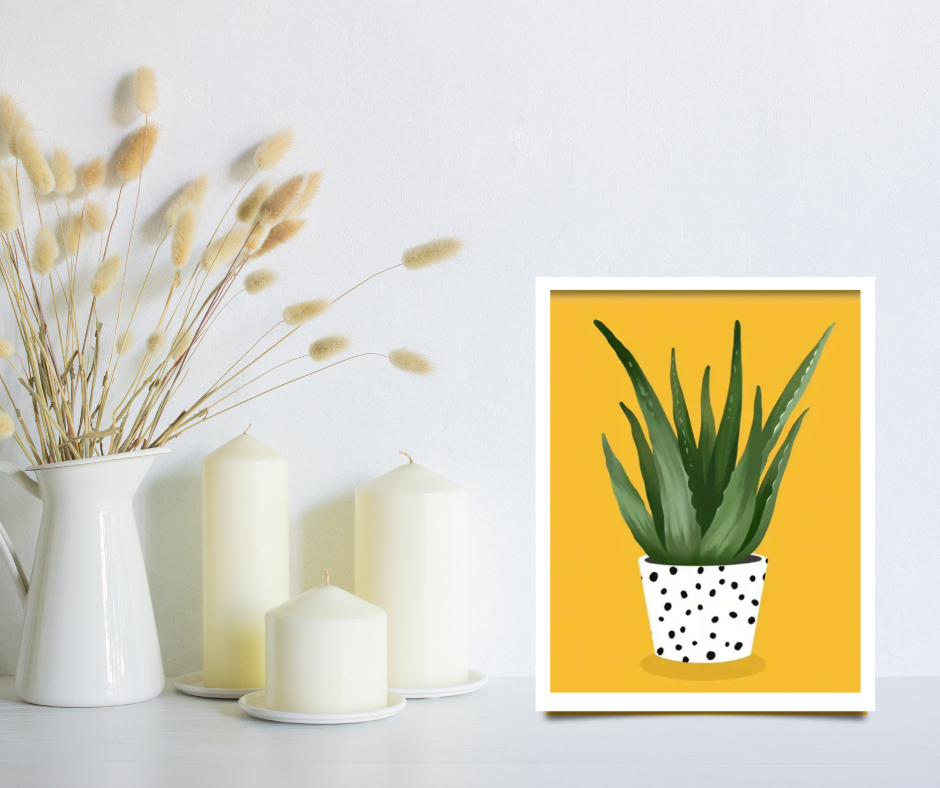 Art deco succulent |  High quality UV protected framed canvas print | Black and white pot | Yellow background | 30 cm x 40 cm