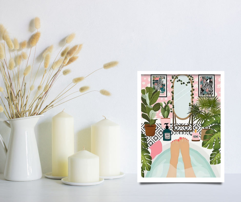 Art deco tropical bathroom |  High quality UV protected framed canvas print | Tub and plants | 30 cm x 40 cm