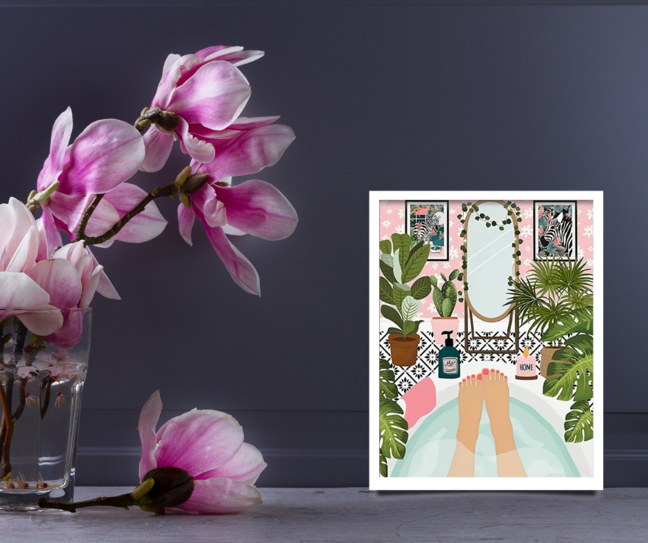 Art deco tropical bathroom |  High quality UV protected framed canvas print | Tub and plants | 30 cm x 40 cm