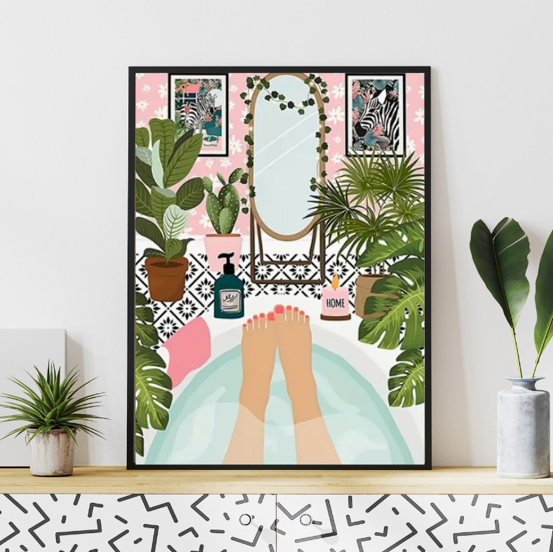 Art deco tropical bathroom |  High quality UV protected framed canvas print | Tub and plants | 30 cm x 40 cm