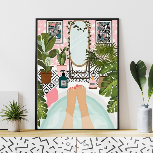 Art deco tropical bathroom |  High quality UV protected framed canvas print | Tub and plants | 30 cm x 40 cm
