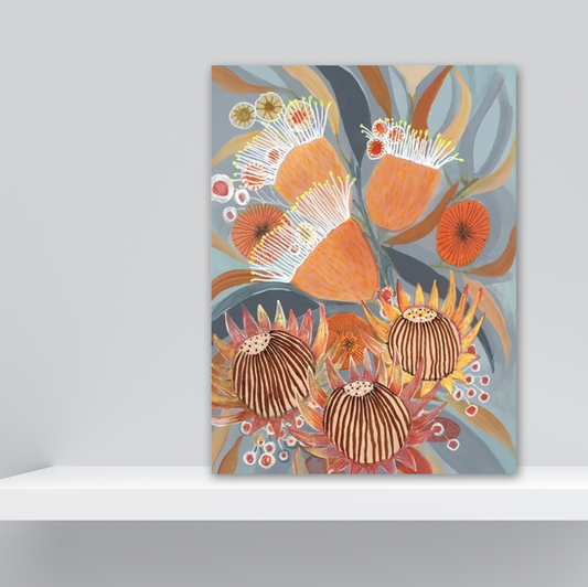 Australian natives stretched canvas print | Blue, peach, orange | 30 cm x 40 cm