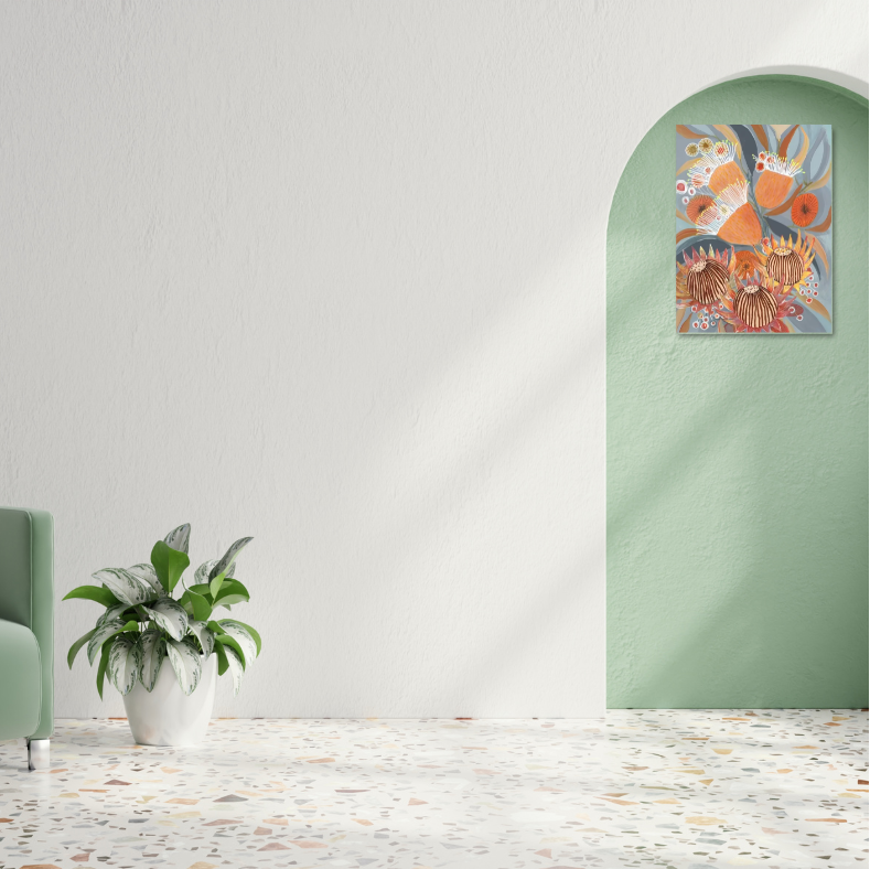 Australian natives stretched canvas print | Blue, peach, orange | 30 cm x 40 cm