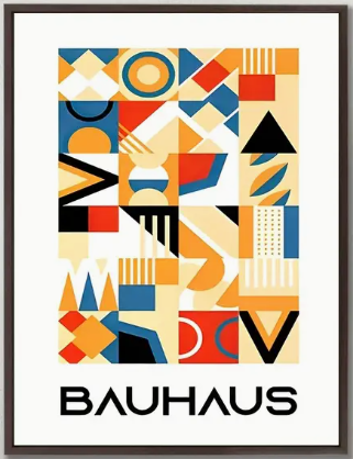 Bauhaus vibrant geometrical |  High quality UV protected framed canvas print | Blue, red and beige | Black frame | 30 cm x 40 cm