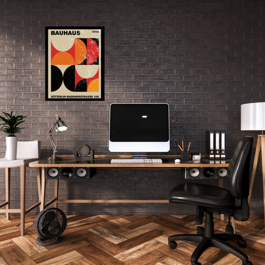 Bauhaus geometric |  High quality UV protected framed canvas print | Orange, black and cream | Black frame | 30 cm x 40 cm