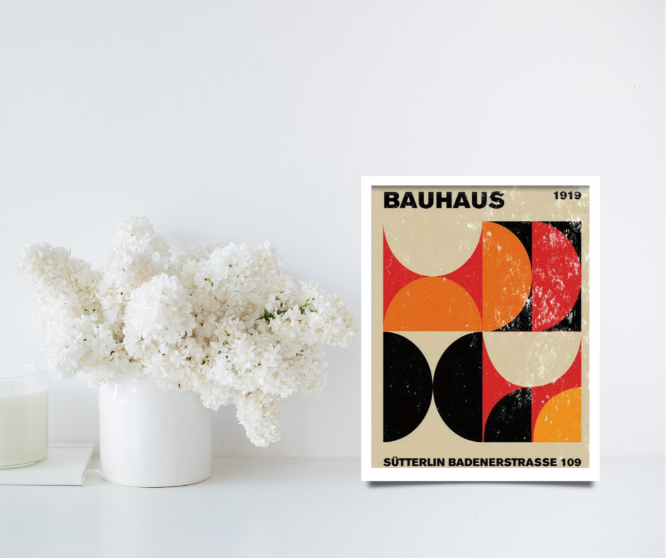Bauhaus geometric |  High quality UV protected framed canvas print | Orange, black and cream | Black frame | 30 cm x 40 cm