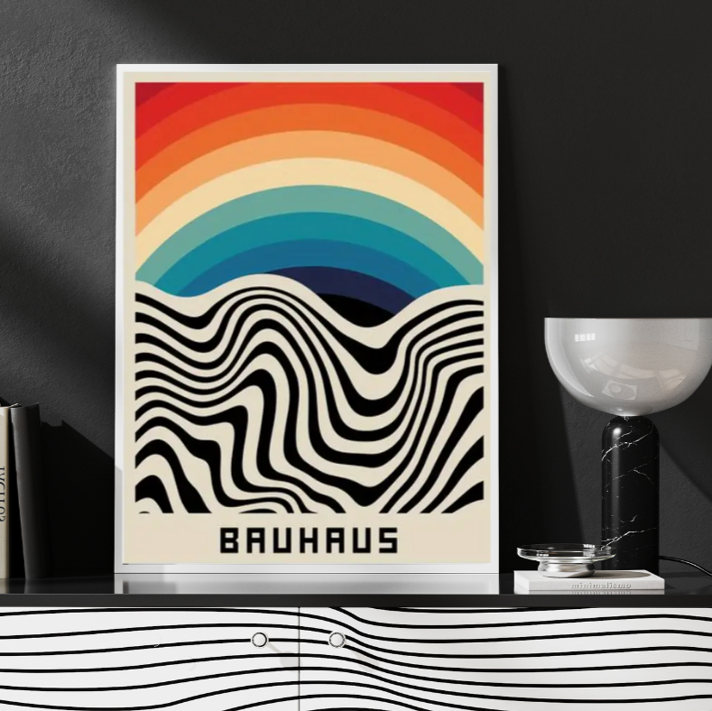 Bauhaus multi-coloured abstract |  High quality UV protected framed canvas print | Rainbow, black | black frame | 30 cm x 40 cm