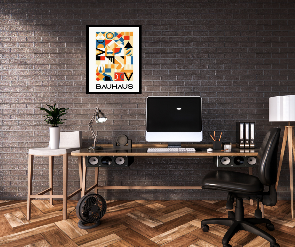 Bauhaus vibrant geometrical |  High quality UV protected framed canvas print | Blue, red and beige | Black frame | 30 cm x 40 cm