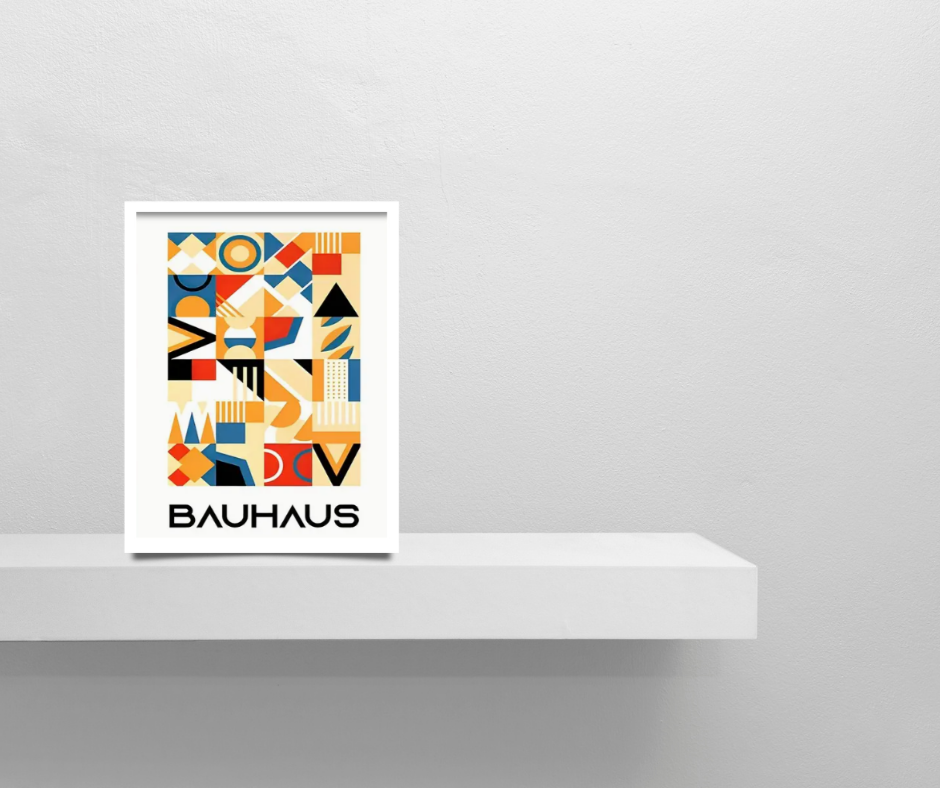 Bauhaus vibrant geometrical |  High quality UV protected framed canvas print | Blue, red and beige | Black frame | 30 cm x 40 cm