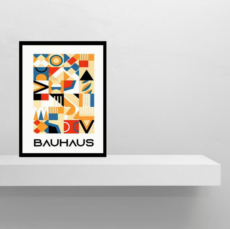 Bauhaus vibrant geometrical |  High quality UV protected framed canvas print | Blue, red and beige | Black frame | 30 cm x 40 cm