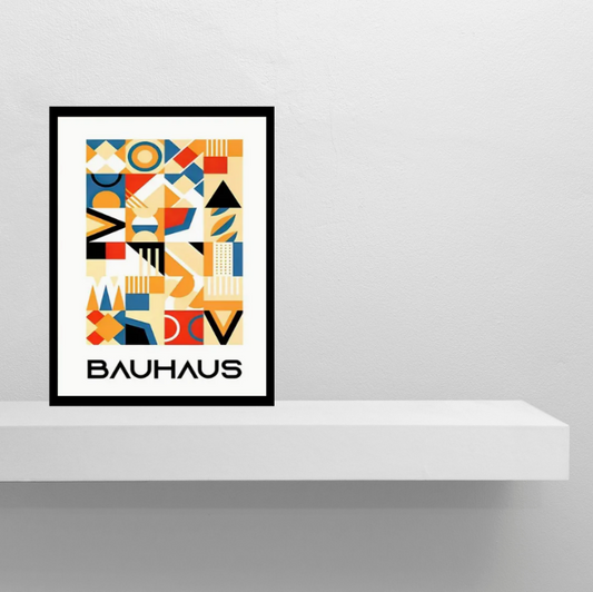 Bauhaus vibrant geometrical |  High quality UV protected framed canvas print | Blue, red and beige | Black frame | 30 cm x 40 cm