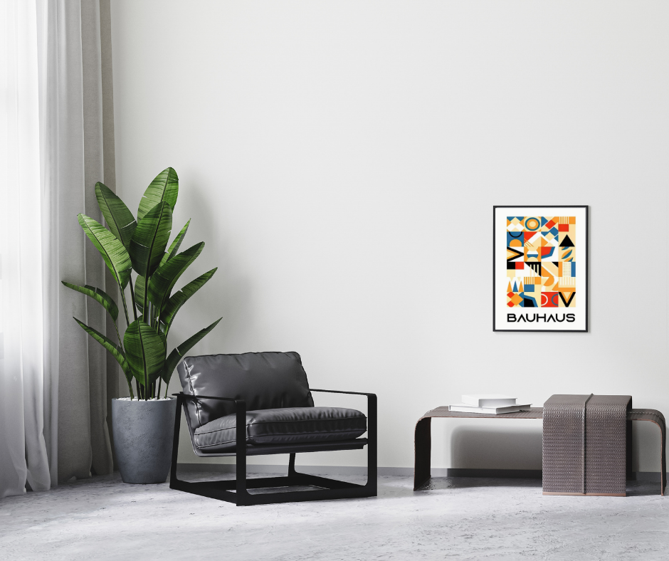 Bauhaus vibrant geometrical |  High quality UV protected framed canvas print | Blue, red and beige | Black frame | 30 cm x 40 cm