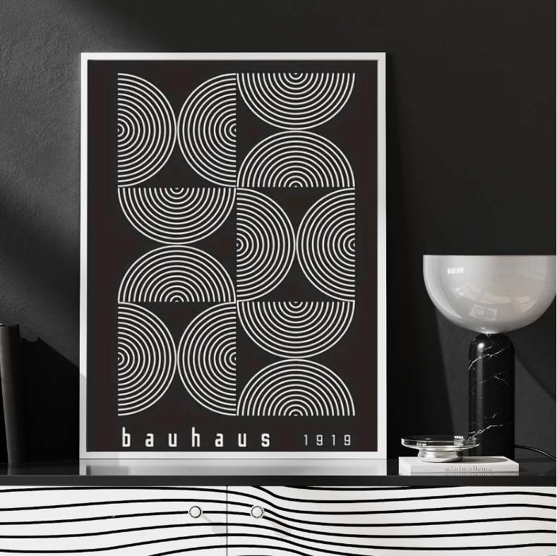 Bauhaus vintage |  High quality UV protected framed canvas print | White on black | 30 cm x 40 cm