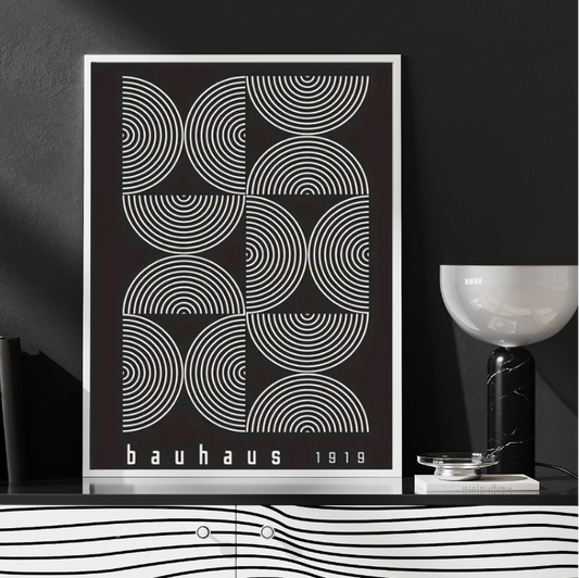 Bauhaus vintage |  High quality UV protected framed canvas print | White on black | 30 cm x 40 cm