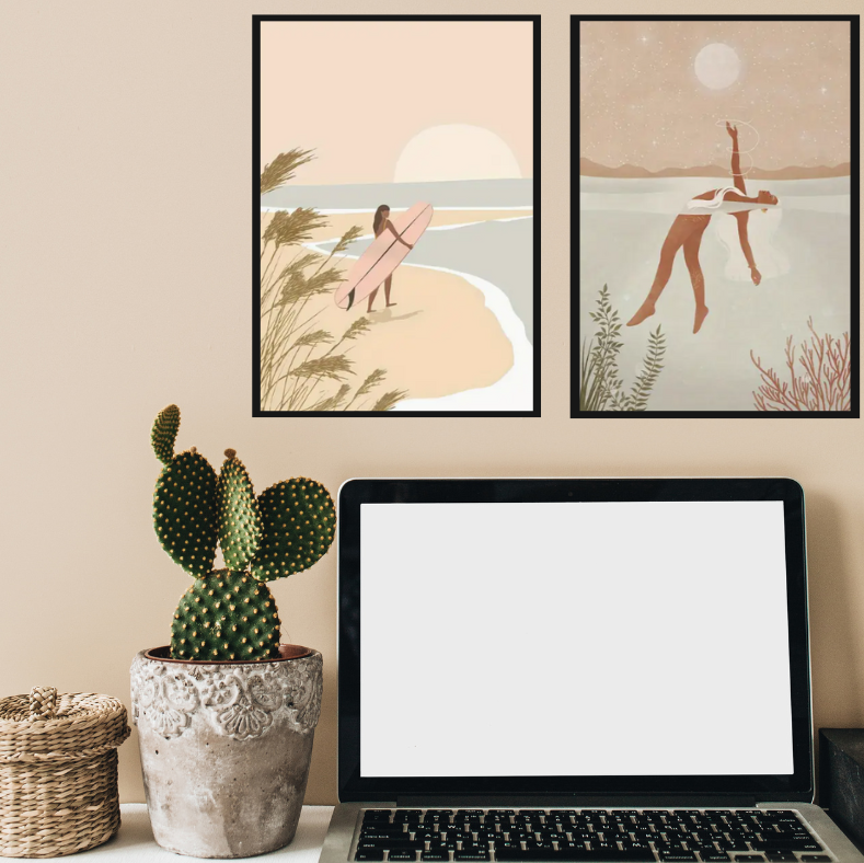 By the water high quality UV protected framed canvas prints | Beige and neutrals | Set of 2 | 30 cm x 40 cm