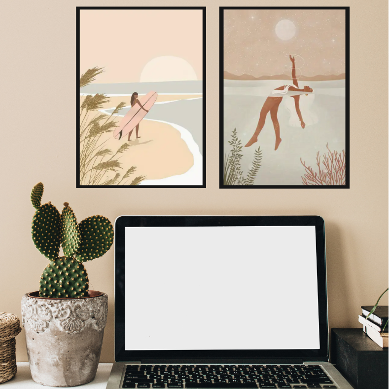 Curl curl surfer girl high quality framed canvas print | Beige, Pink, white | Set of 3 | 30 cm x 40 cm