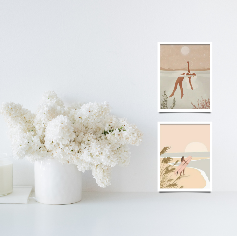 By the water high quality UV protected framed canvas prints | Beige and neutrals | Set of 2 | 30 cm x 40 cm