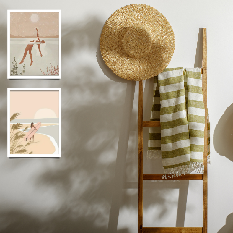 Curl curl surfer girl high quality framed canvas print | Beige, Pink, white | Set of 3 | 30 cm x 40 cm