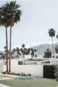 Palm Springs 'Beyond the Palms' mid-century high quality UV protected framed canvas | White, blue, beige, green | 30 cm x 40 cm