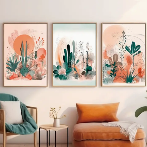 Boho floral water colour desert scene |  High quality UV protected framed canvas print | Peach, green, orange, pastels | Set of 3 | 30cm x 40cm