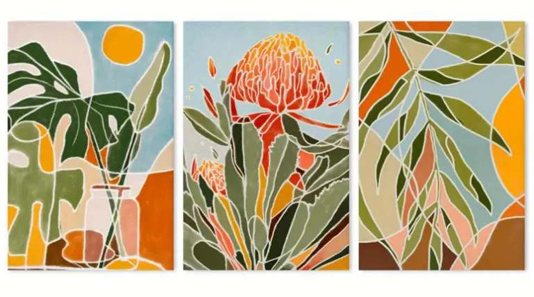 Boho floral protea | High quality UV protected framed canvas prints | Green, blue, orange | Set of 3 | 30 cm x 40 cm