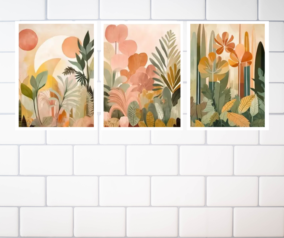 Boho floral botanicals framed canvas prints | Orange, green, olive, peach | Set of 3 | 30 cm x 40 cm