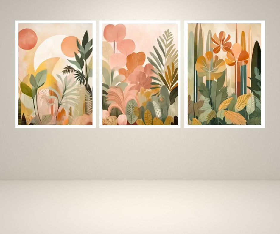 Boho floral botanicals |  High quality UV protected framed canvas print | Orange, green, olive, peach | Set of 3 | 50 cm x 70 cm LGE