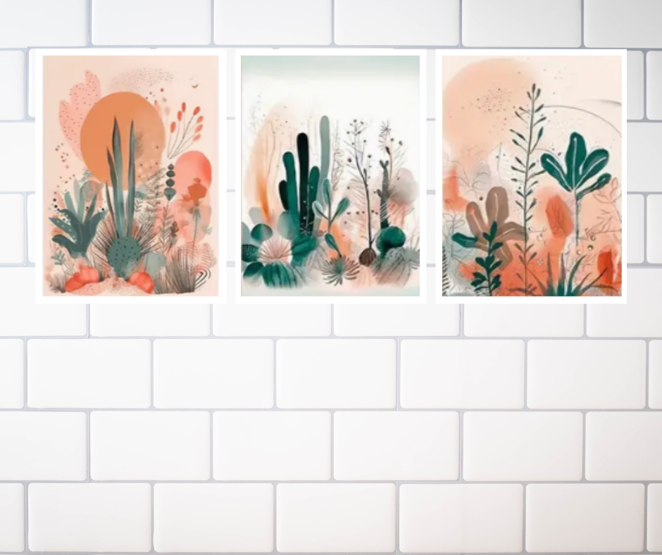 Boho floral water colour desert scene |  High quality UV protected framed canvas print | Peach, green, orange, pastels | Set of 3 | 30cm x 40cm