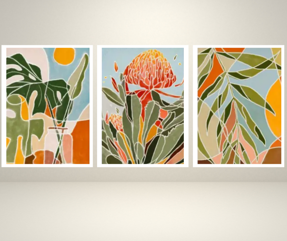 Boho floral protea | High quality UV protected framed canvas prints | Green, blue, orange | Set of 3 | 30 cm x 40 cm