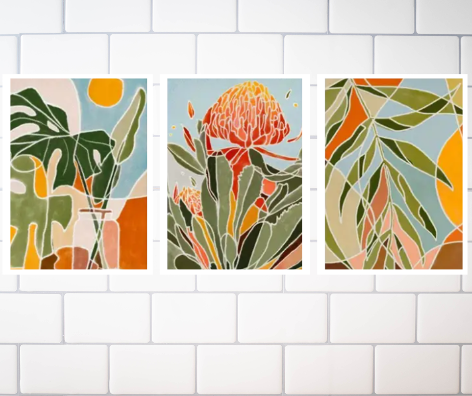 Boho floral protea | High quality UV protected framed canvas prints | Green, blue, orange | Set of 3 | 30 cm x 40 cm