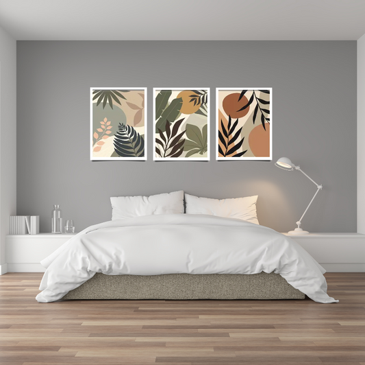 Boho botanicals |  High quality UV protected framed canvas print | Olive, beige, grey | Set of 3 | 50 cm x 70 cm | LGE