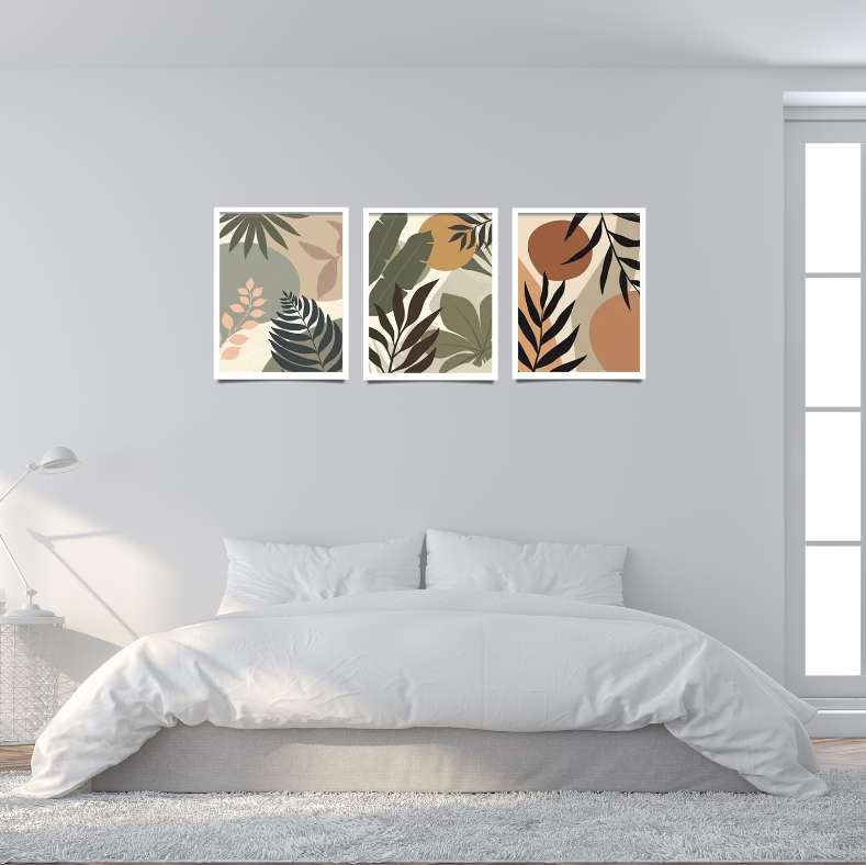 Boho botanicals |  High quality UV protected framed canvas print | Olive, beige, grey | Set of 3 | 50 cm x 70 cm | LGE