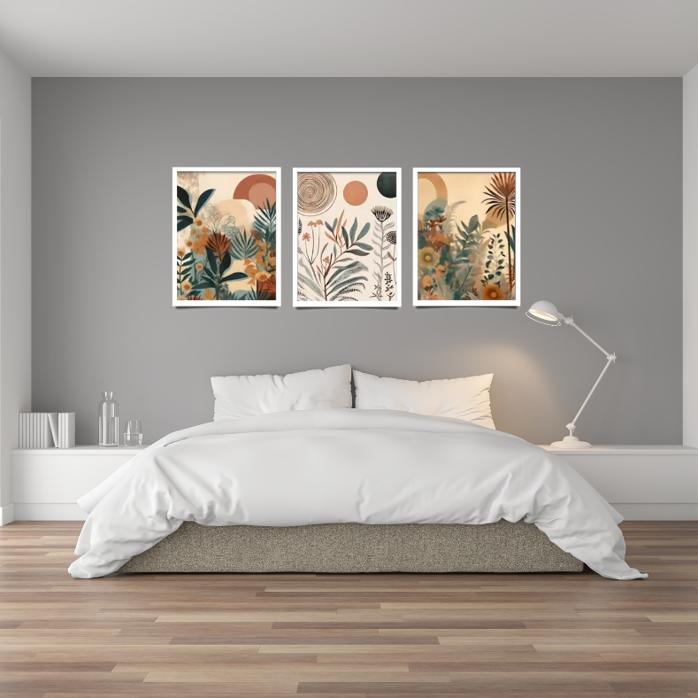 Boho mid-century floral famed canvas prints | Green, brown, beige | Set of 3 | 30 cm x 40 cm