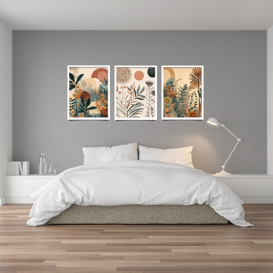 Boho mid-century floral famed canvas prints | Green, brown, beige | Set of 3 | 30 cm x 40 cm