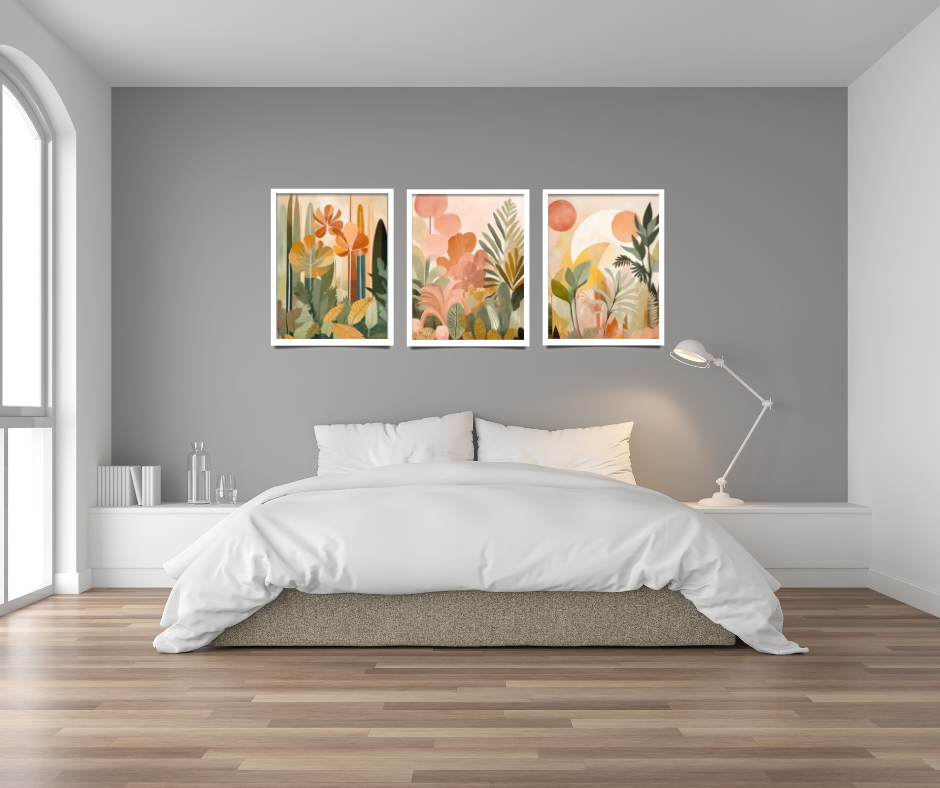 Boho floral botanicals |  High quality UV protected framed canvas print | Orange, green, olive, peach | Set of 3 | 50 cm x 70 cm LGE