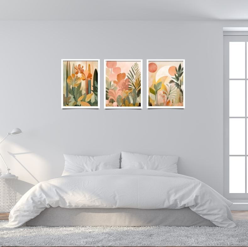 Boho floral botanicals framed canvas prints | Orange, green, olive, peach | Set of 3 | 30 cm x 40 cm