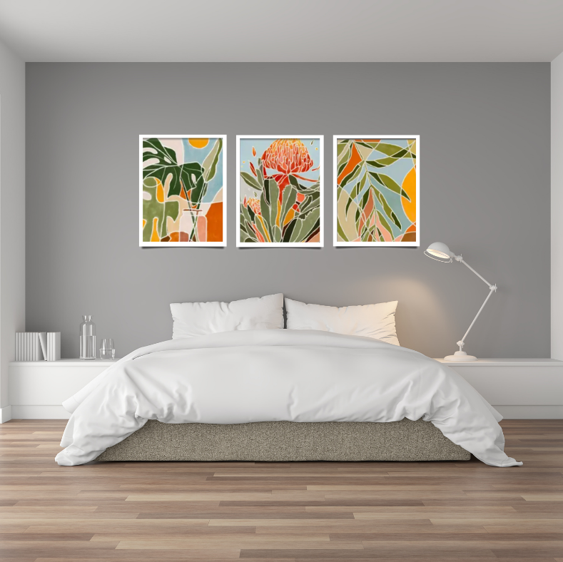 Boho floral protea | High quality UV protected framed canvas prints | Green, blue, orange | Set of 3 | 30 cm x 40 cm