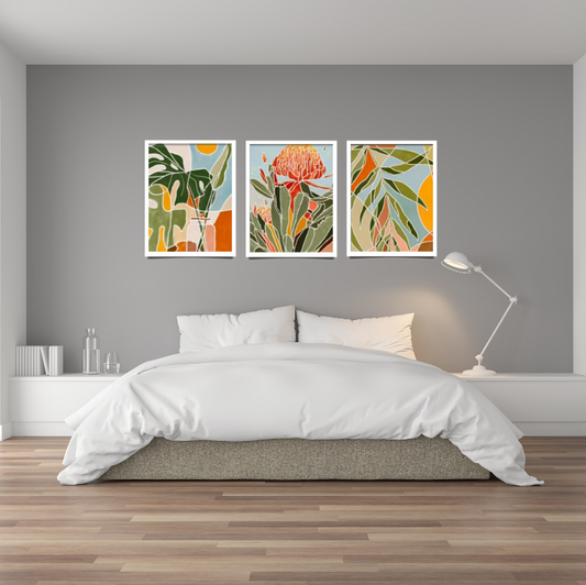 Boho floral protea | High quality UV protected framed canvas prints | Green, blue, orange | Set of 3 | 30 cm x 40 cm